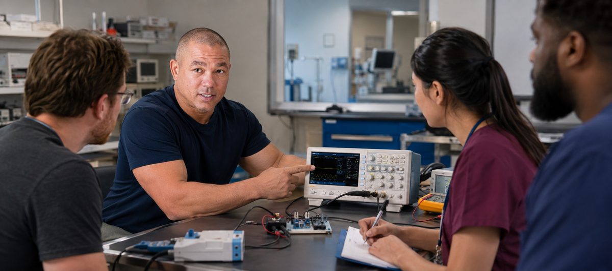Biomedical Instructor Demonstrates Oscilloscope Use Biomedical Instructor Demonstrates Oscilloscope Use