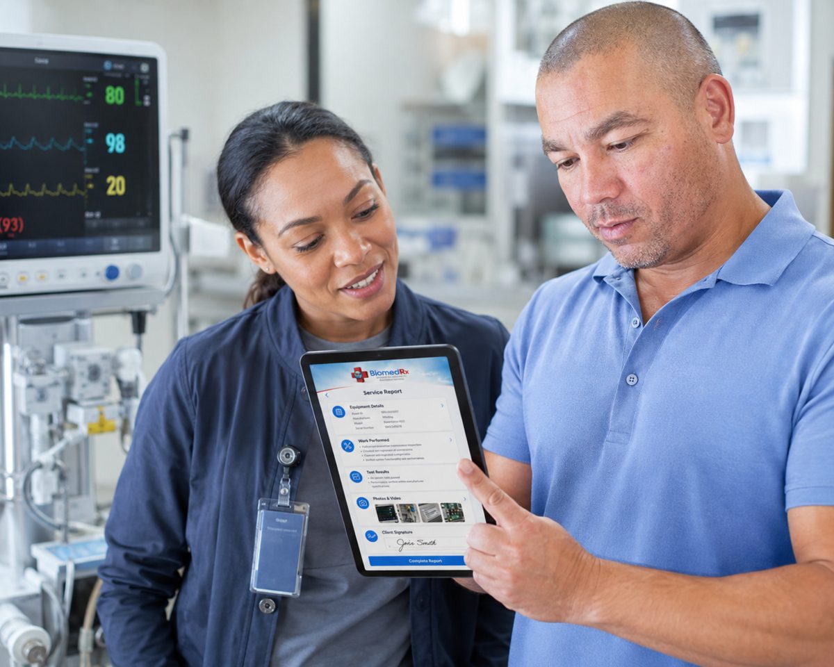 Two biomedical staff reading an equipment record in the BiomedRx app next to a patient monitor displaying vital signs Two biomedical staff reading an equipment record in the BiomedRx app next to a patient monitor displaying vital signs