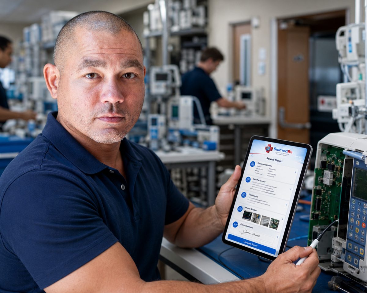 Biomedical technician holding a tablet with the BiomedRx app at a repair bench stacked with circuit boards and test gear Biomedical technician holding a tablet with the BiomedRx app at a repair bench stacked with circuit boards and test gear