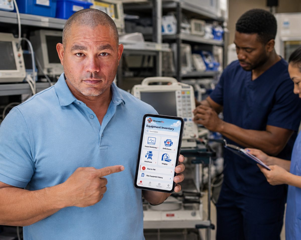Technician pointing to the BiomedRx app equipment inventory screen in front of a patient monitor and workbench Technician pointing to the BiomedRx app equipment inventory screen in front of a patient monitor and workbench