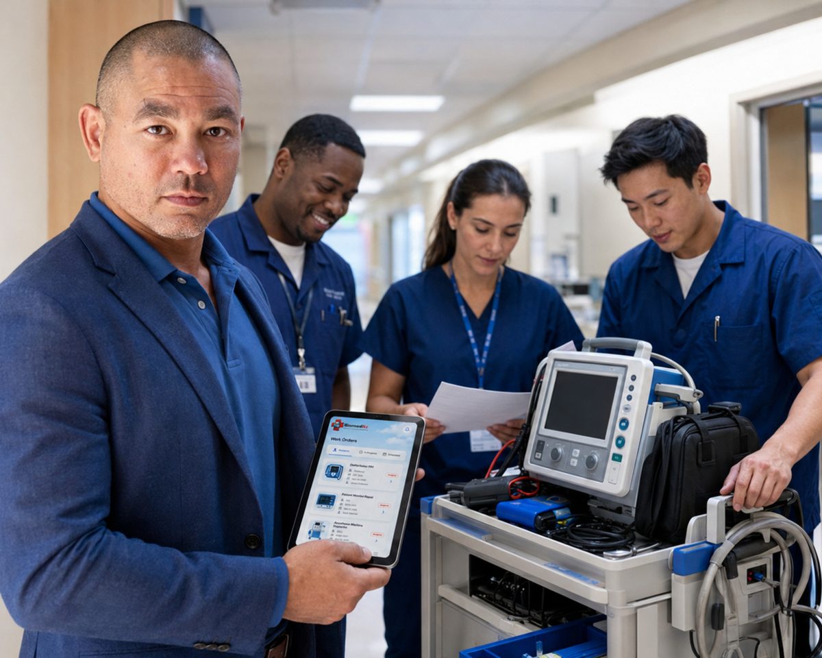 Clinical engineering manager with the BiomedRx app on a tablet as technicians work on a transport monitor behind him Clinical engineering manager with the BiomedRx app on a tablet as technicians work on a transport monitor behind him