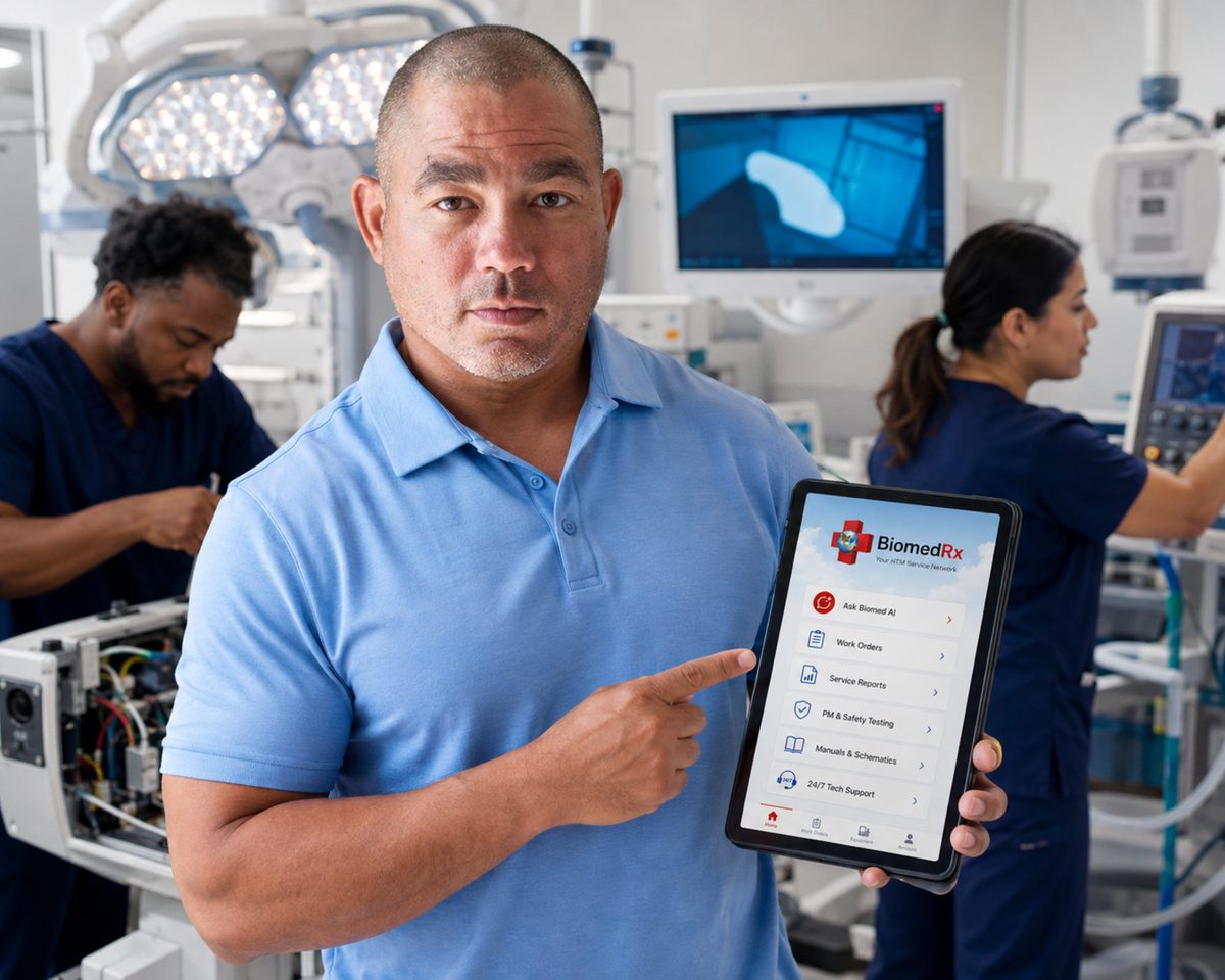 Technician holding the BiomedRx app service record on a tablet in an operating room with an imaging display behind Technician holding the BiomedRx app service record on a tablet in an operating room with an imaging display behind