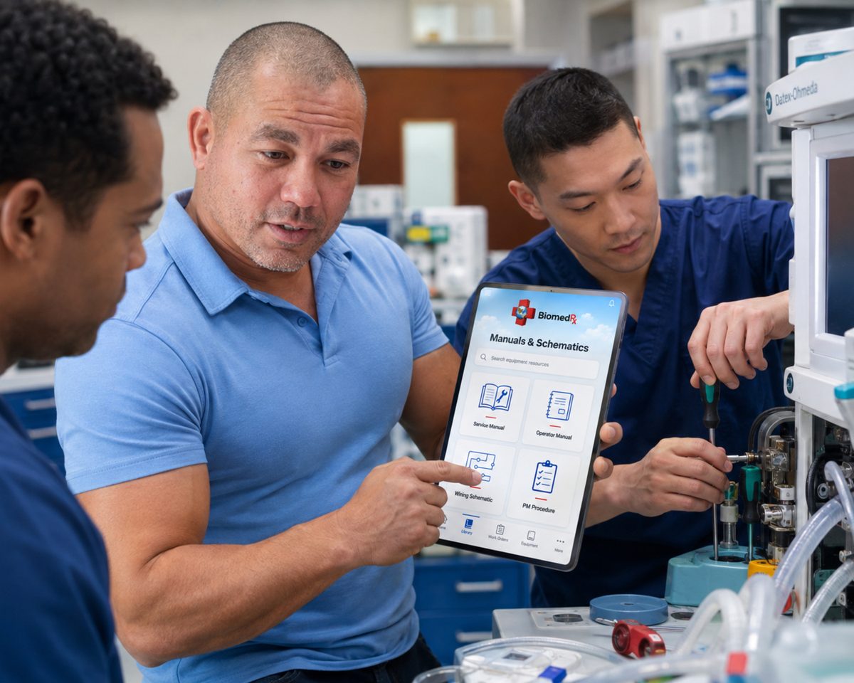 Biomedical technician showing the BiomedRx app manuals and schematics library to colleagues in a hospital equipment room Biomedical technician showing the BiomedRx app manuals and schematics library to colleagues in a hospital equipment room