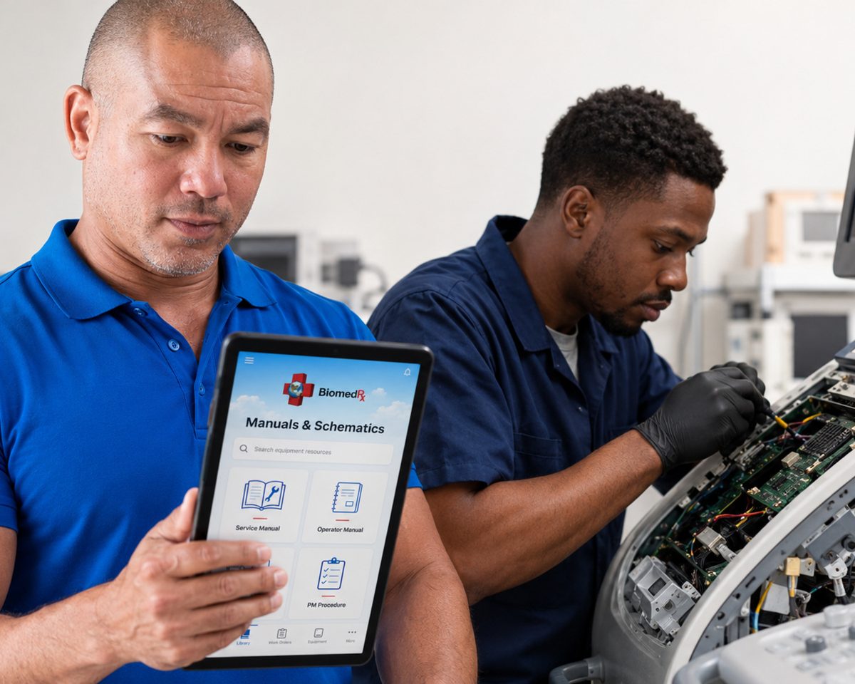 Technician holding the BiomedRx app manuals screen while a colleague works inside an opened patient monitor Technician holding the BiomedRx app manuals screen while a colleague works inside an opened patient monitor