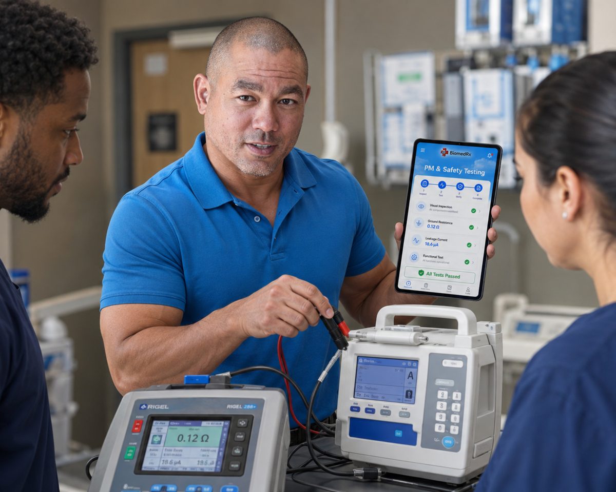 Technician running a safety test on an infusion pump with the BiomedRx app open on a tablet held by a colleague Technician running a safety test on an infusion pump with the BiomedRx app open on a tablet held by a colleague