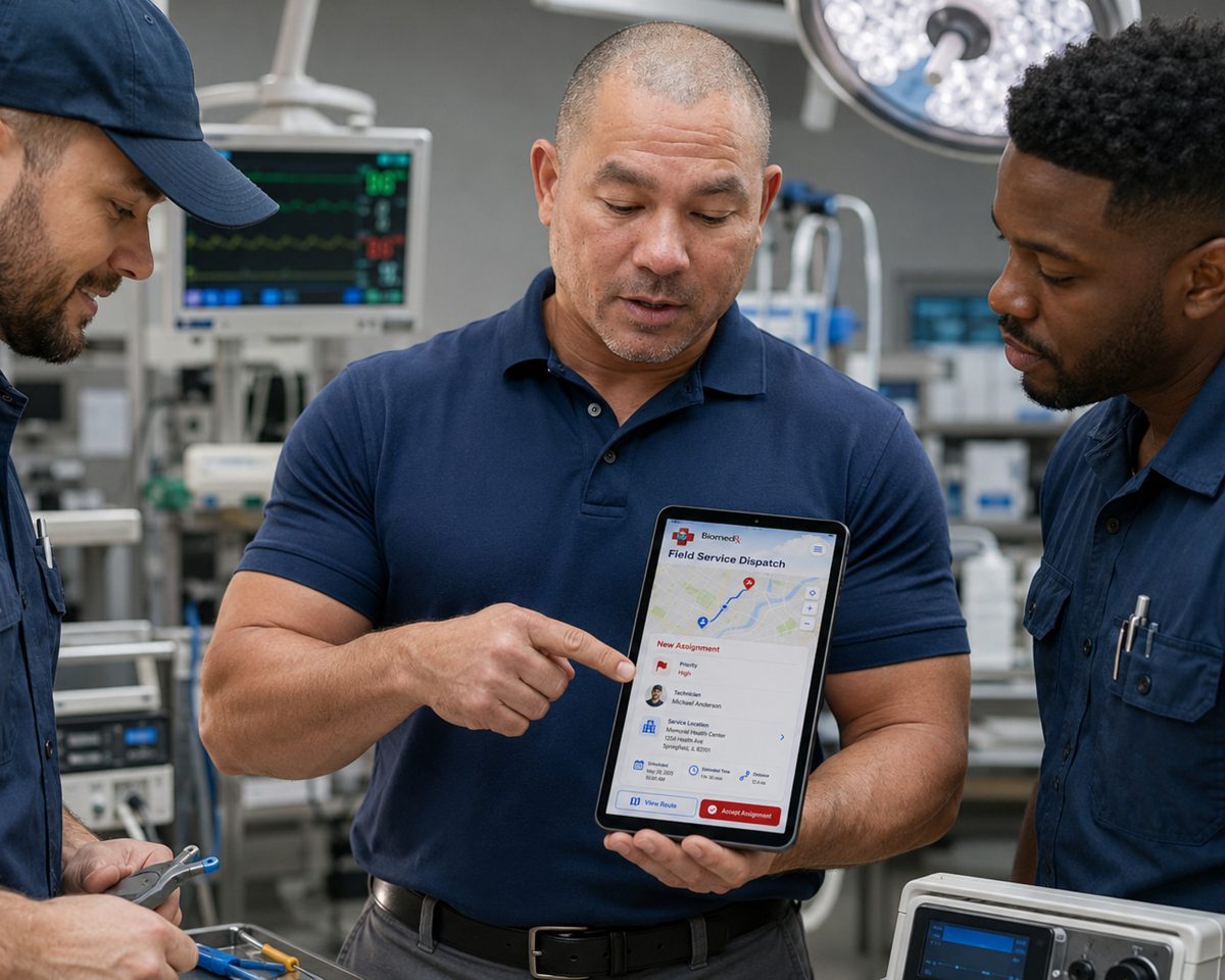 Biomedical technician with the BiomedRx app dispatch screen in an operating room as a colleague services equipment Biomedical technician with the BiomedRx app dispatch screen in an operating room as a colleague services equipment