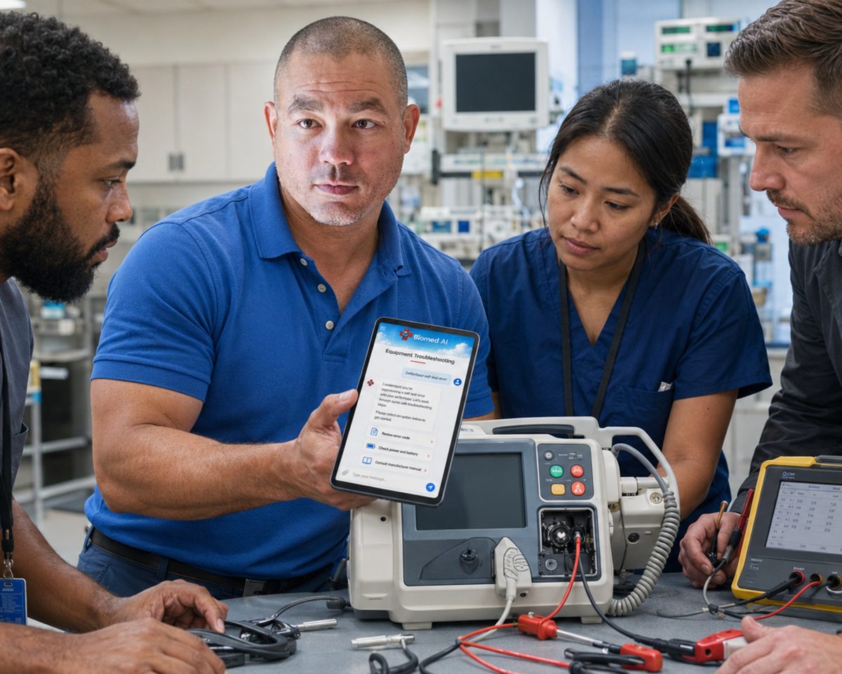 Technician holding a tablet running the BiomedRx app while colleagues review a defibrillator and test leads on the bench Technician holding a tablet running the BiomedRx app while colleagues review a defibrillator and test leads on the bench