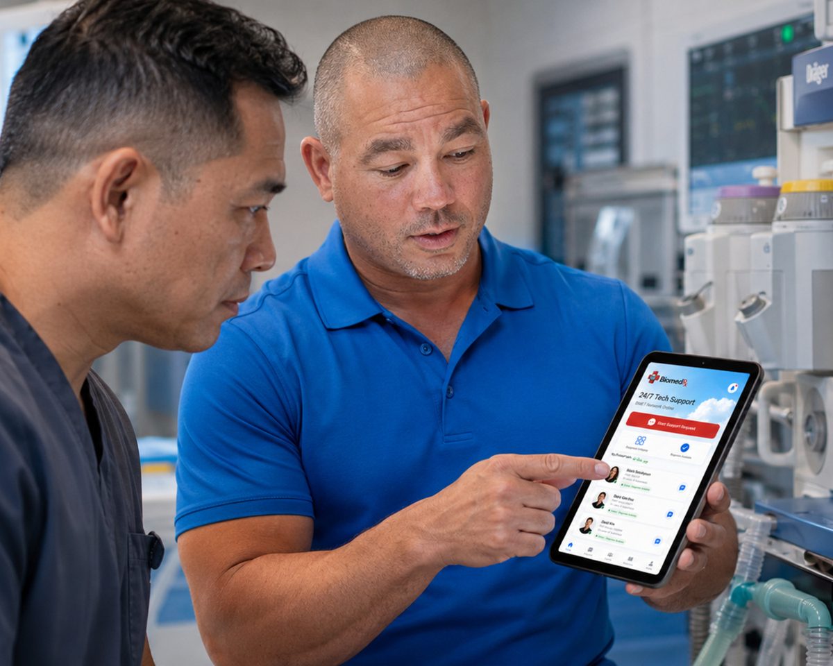 Technician showing the BiomedRx app support screen to a colleague in a hospital corridor lined with equipment Technician showing the BiomedRx app support screen to a colleague in a hospital corridor lined with equipment