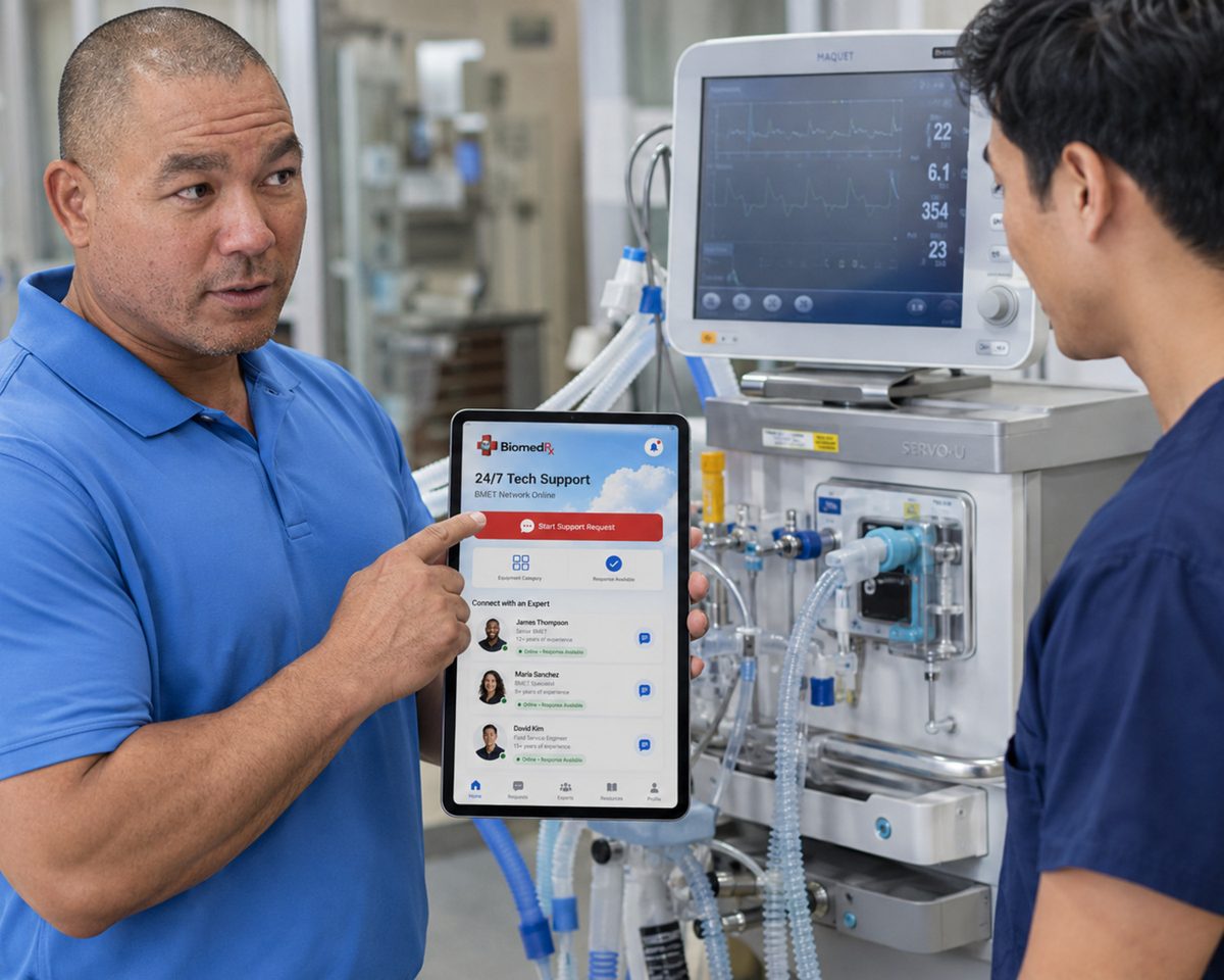 Technician displaying the BiomedRx app 24/7 tech support screen beside a ventilator and patient monitor Technician displaying the BiomedRx app 24/7 tech support screen beside a ventilator and patient monitor