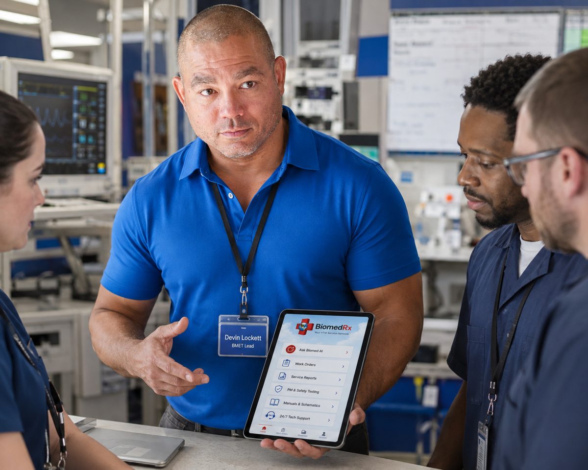 Biomedical technician with a tablet running the BiomedRx app while two colleagues examine a patient monitor waveform Biomedical technician with a tablet running the BiomedRx app while two colleagues examine a patient monitor waveform