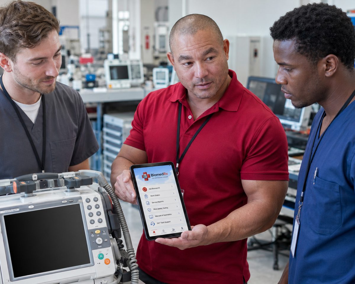Biomedical technician showing the BiomedRx app work order screen to two colleagues beside a patient monitor in the equipment shop Biomedical technician showing the BiomedRx app work order screen to two colleagues beside a patient monitor in the equipment shop