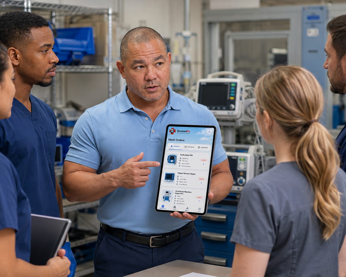 Technician showing BiomedRx app work orders to a nurse and a colleague beside monitoring equipment Technician showing BiomedRx app work orders to a nurse and a colleague beside monitoring equipment