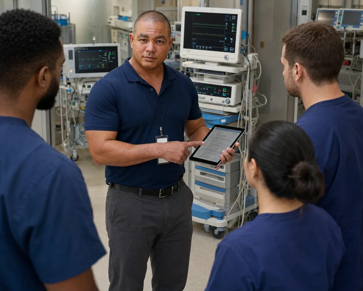Biomedical equipment technician holding a tablet briefing three clinical staff on rounds among ICU monitors and ventilators Biomedical equipment technician holding a tablet briefing three clinical staff on rounds among ICU monitors and ventilators