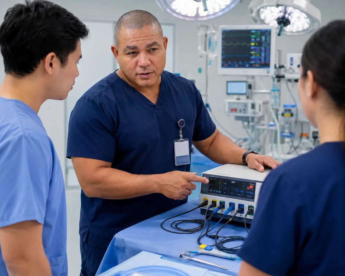Biomedical technician in scrubs checking an electrosurgical unit and briefing two operating-room staff under surgical lights Biomedical technician in scrubs checking an electrosurgical unit and briefing two operating-room staff under surgical lights