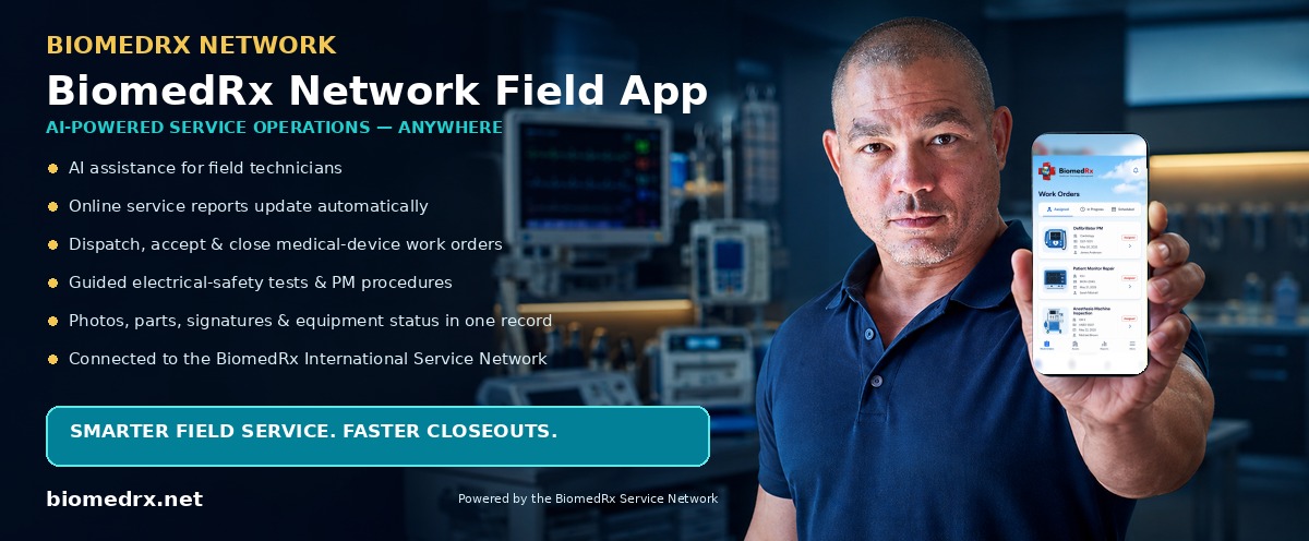 BiomedRx Network Field App — AI-powered field-service mobile app: automatic online service reports, work-order dispatch, and closeout
