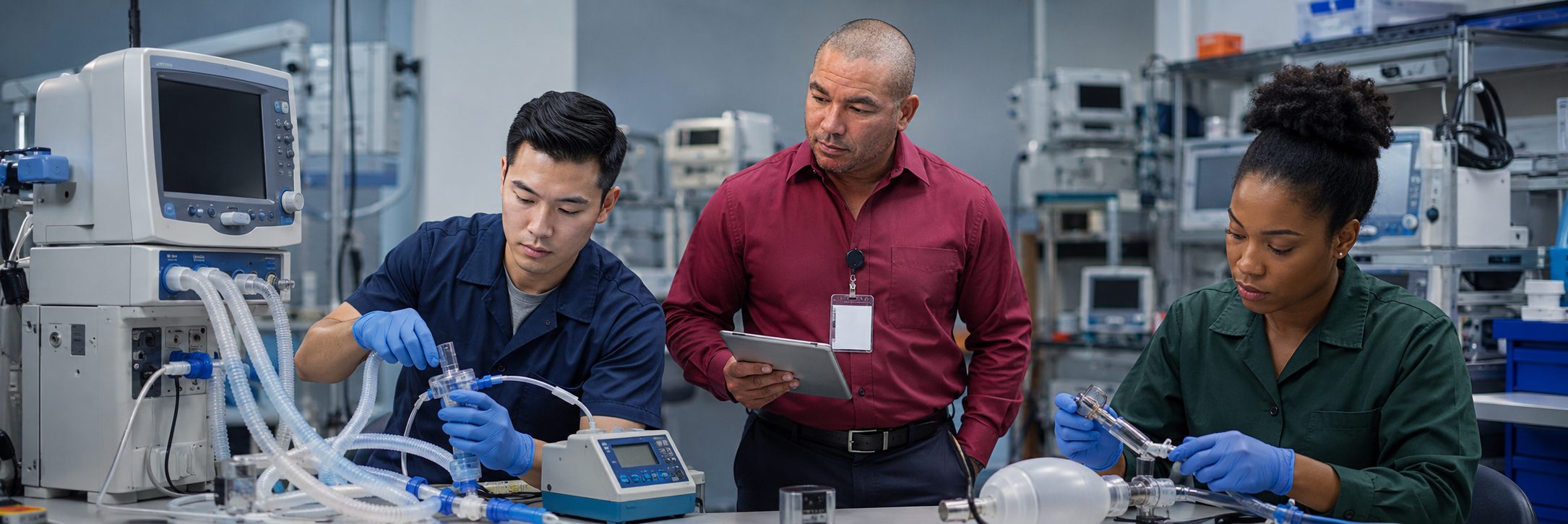 Anesthesia machine preventive maintenance | BiomedRx HTM services Biomedical equipment technicians performing anesthesia machine preventive maintenance