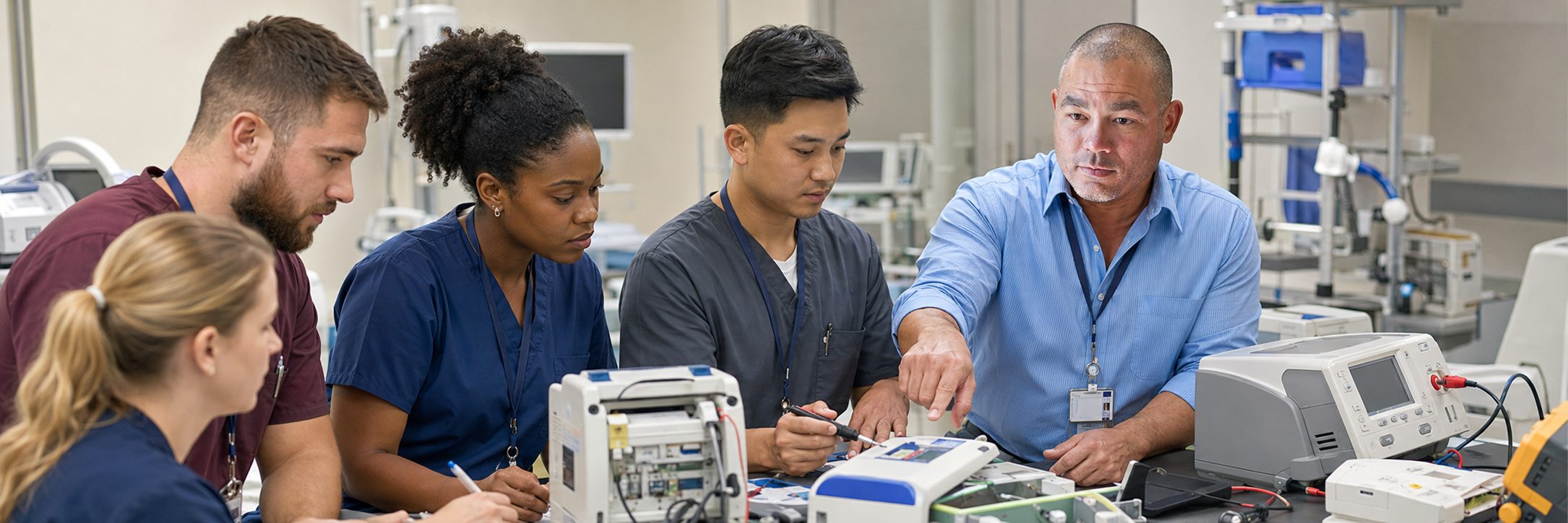 Anesthesia machine service training for biomedical technicians | BiomedRx Biomedical equipment technicians training on anesthesia machine service procedures