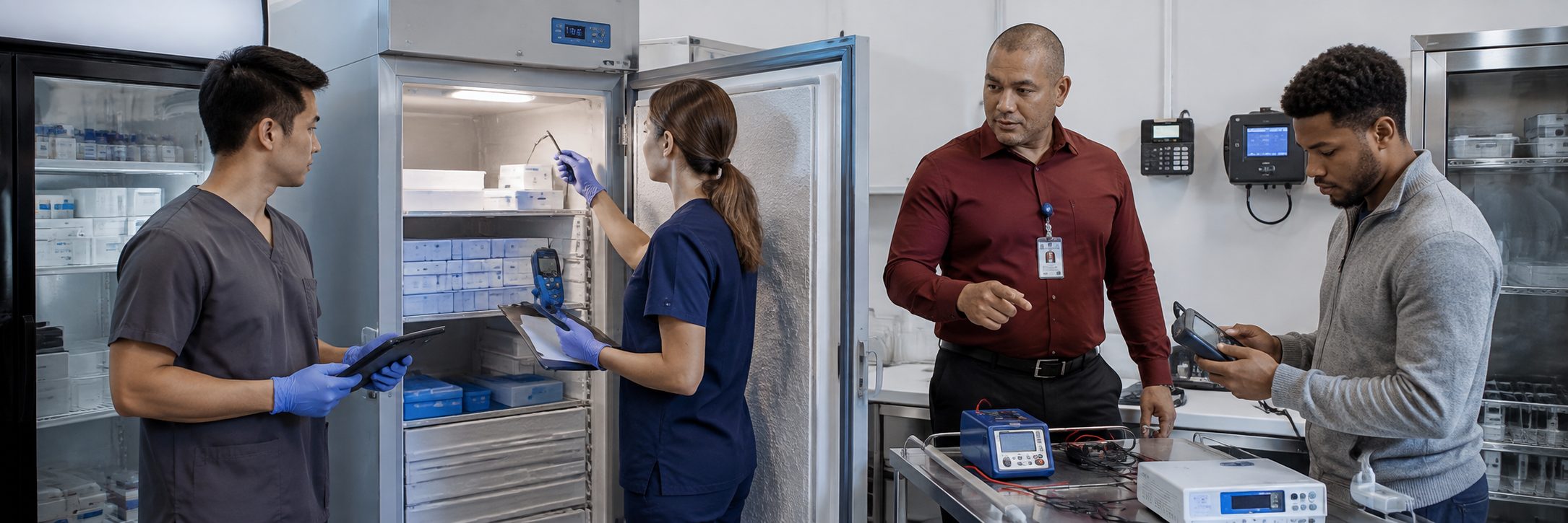 Biomedical equipment repair and bench calibration | BiomedRx HTM services Biomedical equipment repair shop bench calibration with an electrical safety analyzer