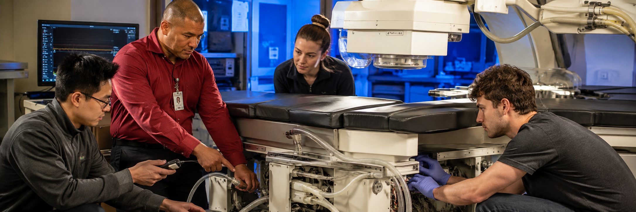 Biomedical equipment repair and bench calibration | BiomedRx HTM services Biomedical equipment repair shop bench calibration with an electrical safety analyzer