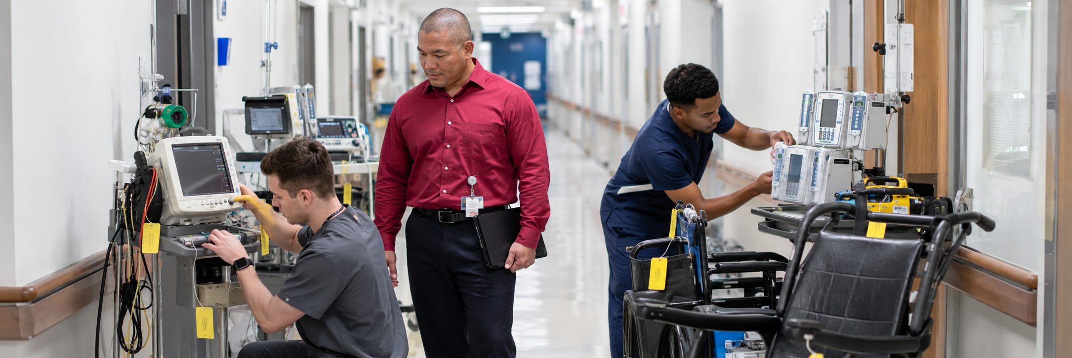 Biomedical equipment repair and bench calibration | BiomedRx HTM services Biomedical equipment repair shop bench calibration with an electrical safety analyzer