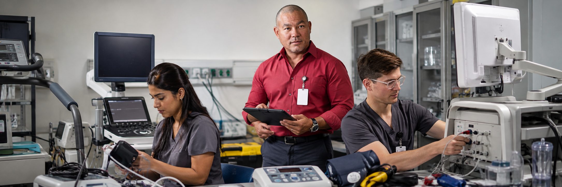 Biomedical equipment repair and bench calibration | BiomedRx HTM services Biomedical equipment repair shop bench calibration with an electrical safety analyzer
