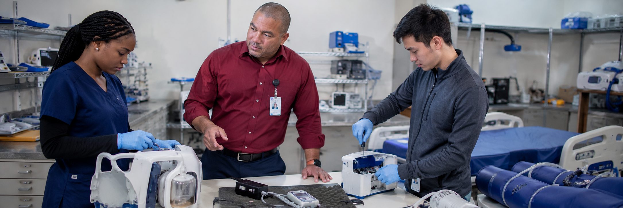 Biomedical equipment repair and bench calibration | BiomedRx HTM services Biomedical equipment repair shop bench calibration with an electrical safety analyzer
