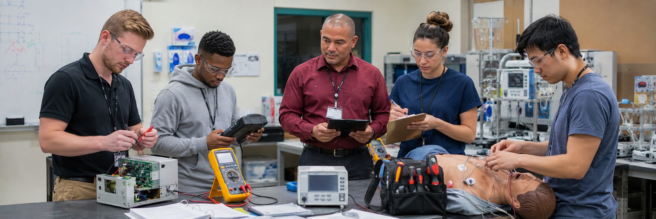 Biomedical equipment repair and bench calibration | BiomedRx HTM services Biomedical equipment repair shop bench calibration with an electrical safety analyzer