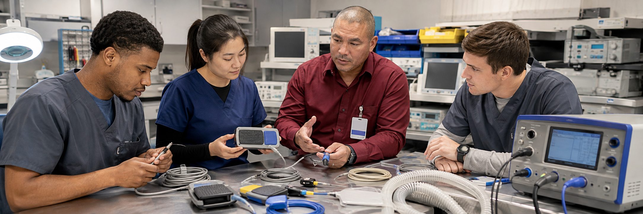 Biomedical equipment repair and bench calibration | BiomedRx HTM services Biomedical equipment repair shop bench calibration with an electrical safety analyzer