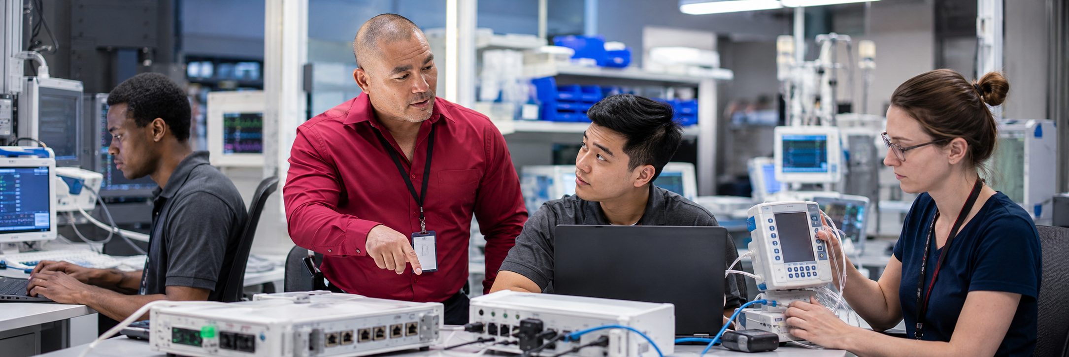 Biomedical equipment repair and bench calibration | BiomedRx HTM services Biomedical equipment repair shop bench calibration with an electrical safety analyzer