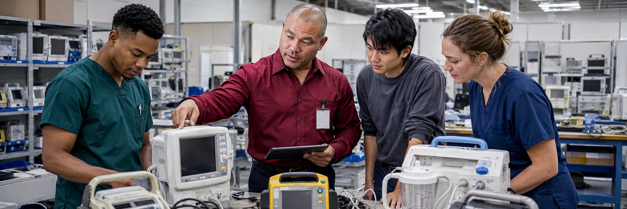 Biomedical equipment repair and bench calibration | BiomedRx HTM services Biomedical equipment repair shop bench calibration with an electrical safety analyzer