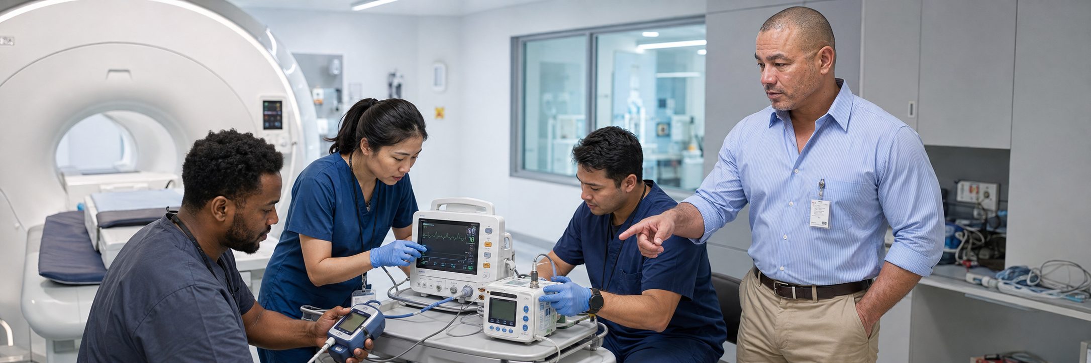 Infusion pump preventive maintenance and calibration | BiomedRx HTM services Biomedical technicians performing infusion pump preventive maintenance in an infusion suite