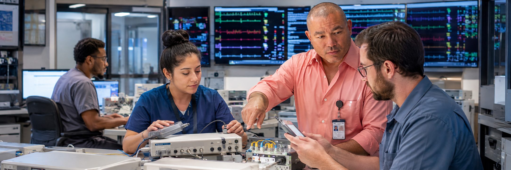 Infusion pump preventive maintenance and calibration | BiomedRx HTM services Biomedical technicians performing infusion pump preventive maintenance in an infusion suite