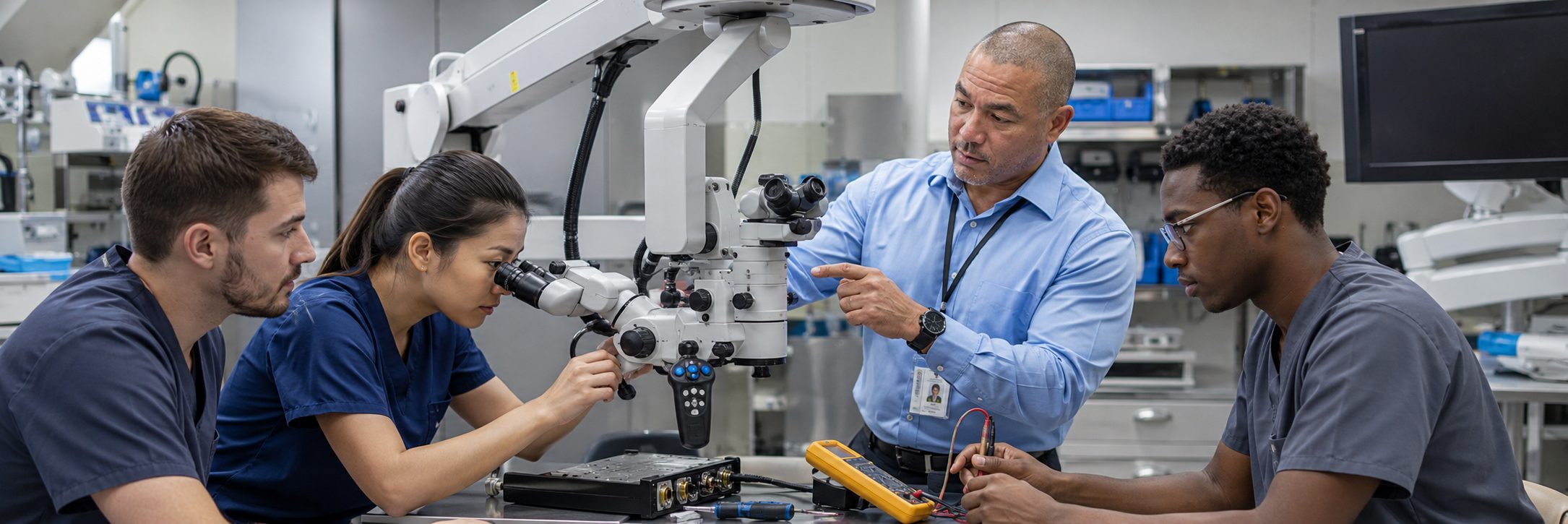 Infusion pump preventive maintenance and calibration | BiomedRx HTM services Biomedical technicians performing infusion pump preventive maintenance in an infusion suite