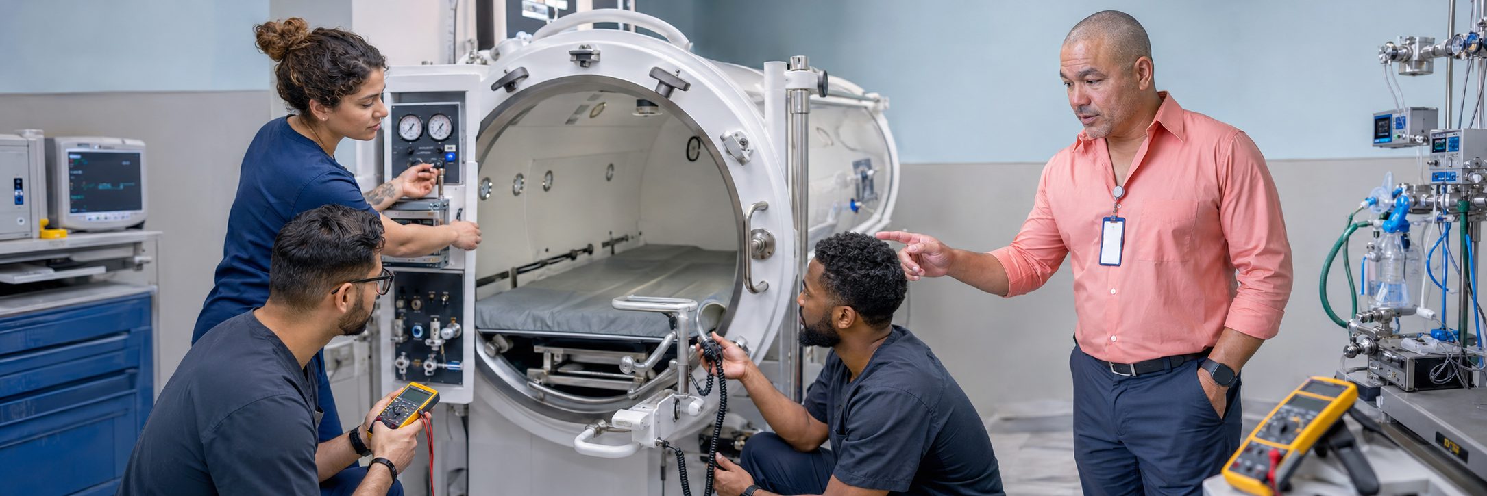 Infusion pump preventive maintenance and calibration | BiomedRx HTM services Biomedical technicians performing infusion pump preventive maintenance in an infusion suite