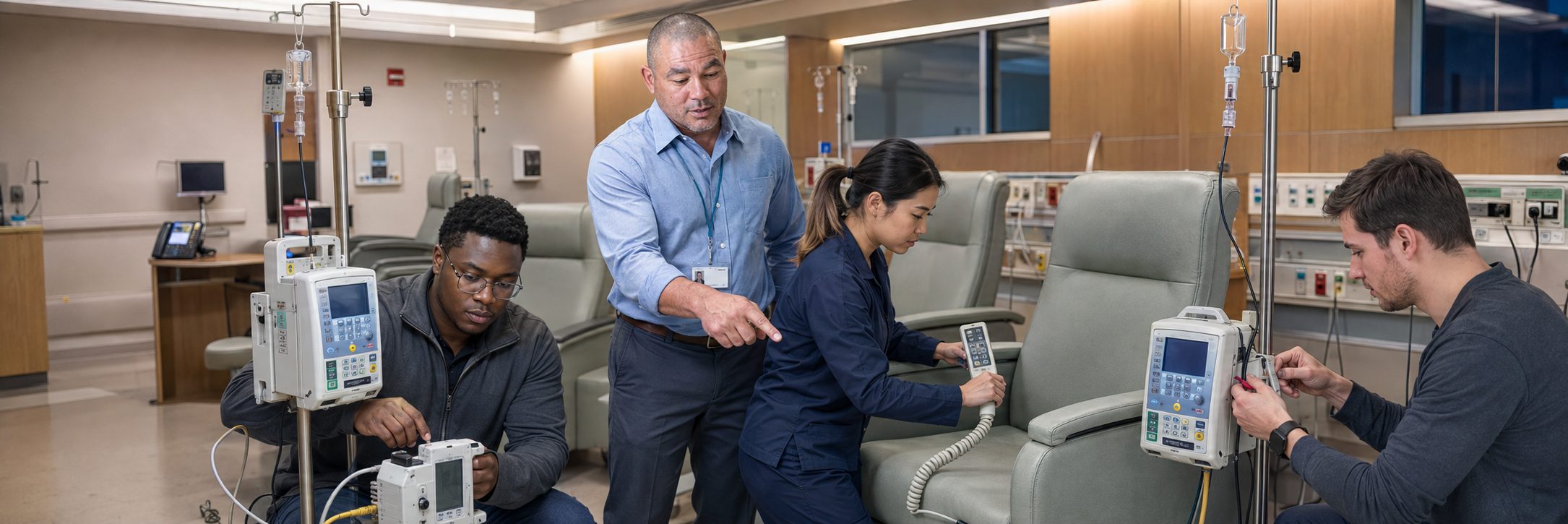 Infusion pump preventive maintenance and calibration | BiomedRx HTM services Biomedical technicians performing infusion pump preventive maintenance in an infusion suite
