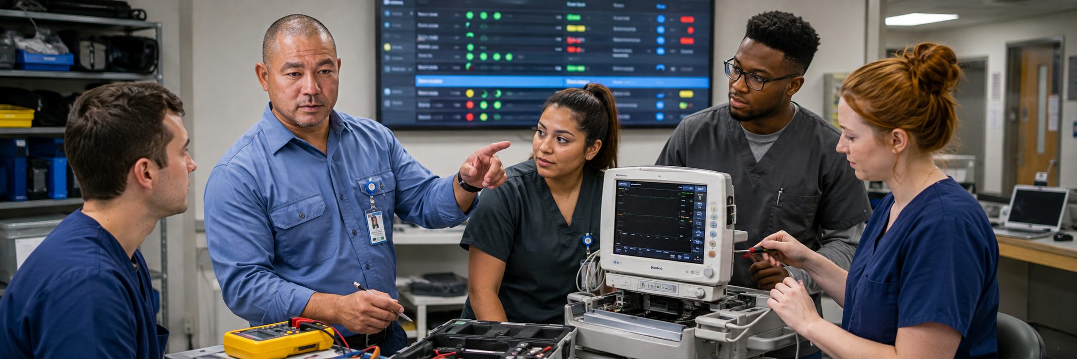 Infusion pump preventive maintenance and calibration | BiomedRx HTM services Biomedical technicians performing infusion pump preventive maintenance in an infusion suite
