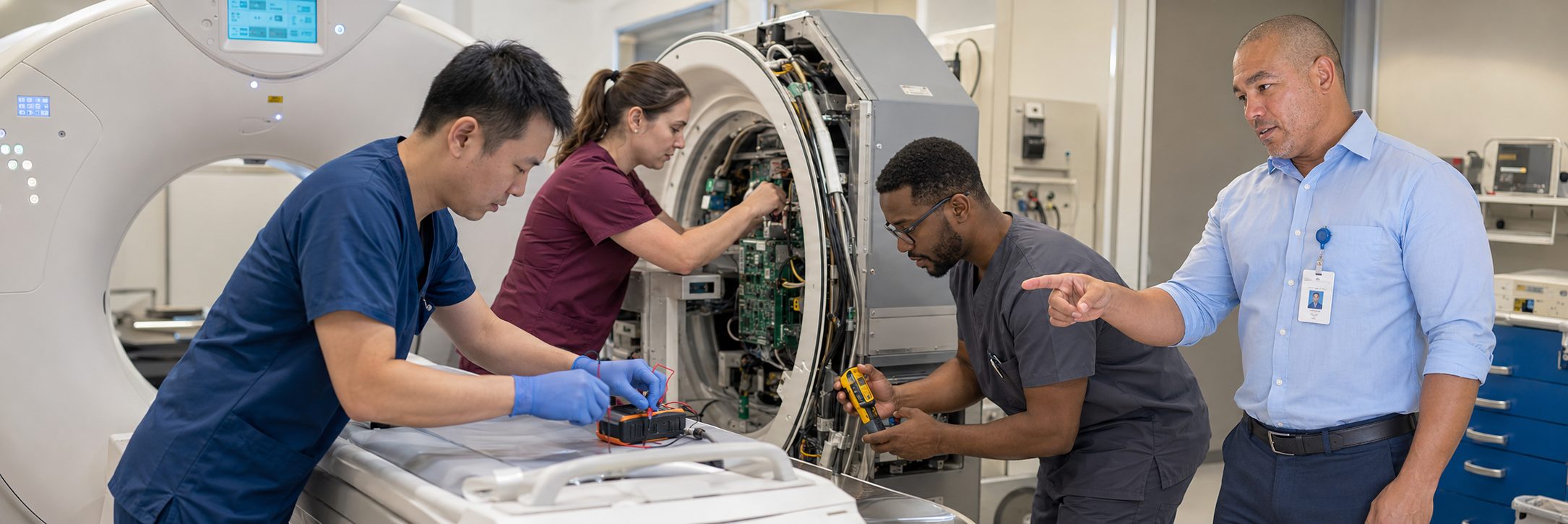 Infusion pump preventive maintenance and calibration | BiomedRx HTM services Biomedical technicians performing infusion pump preventive maintenance in an infusion suite