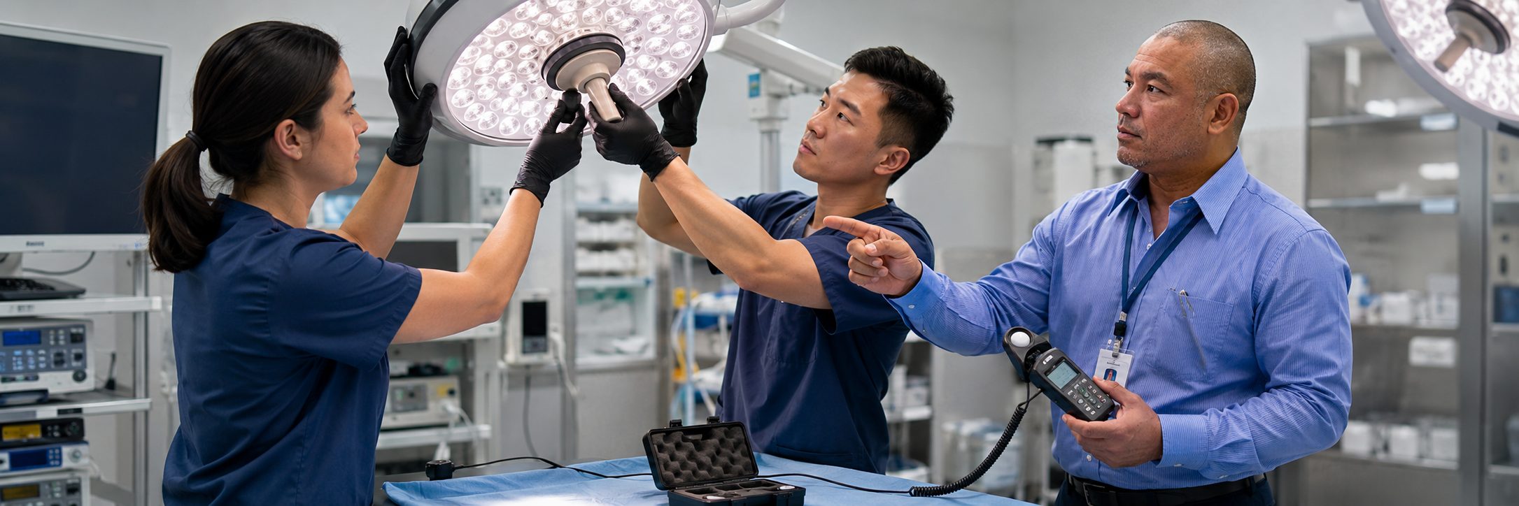 Infusion pump preventive maintenance and calibration | BiomedRx HTM services Biomedical technicians performing infusion pump preventive maintenance in an infusion suite