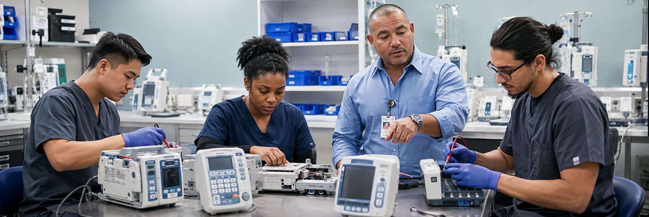 Infusion pump preventive maintenance and calibration | BiomedRx HTM services Biomedical technicians performing infusion pump preventive maintenance in an infusion suite