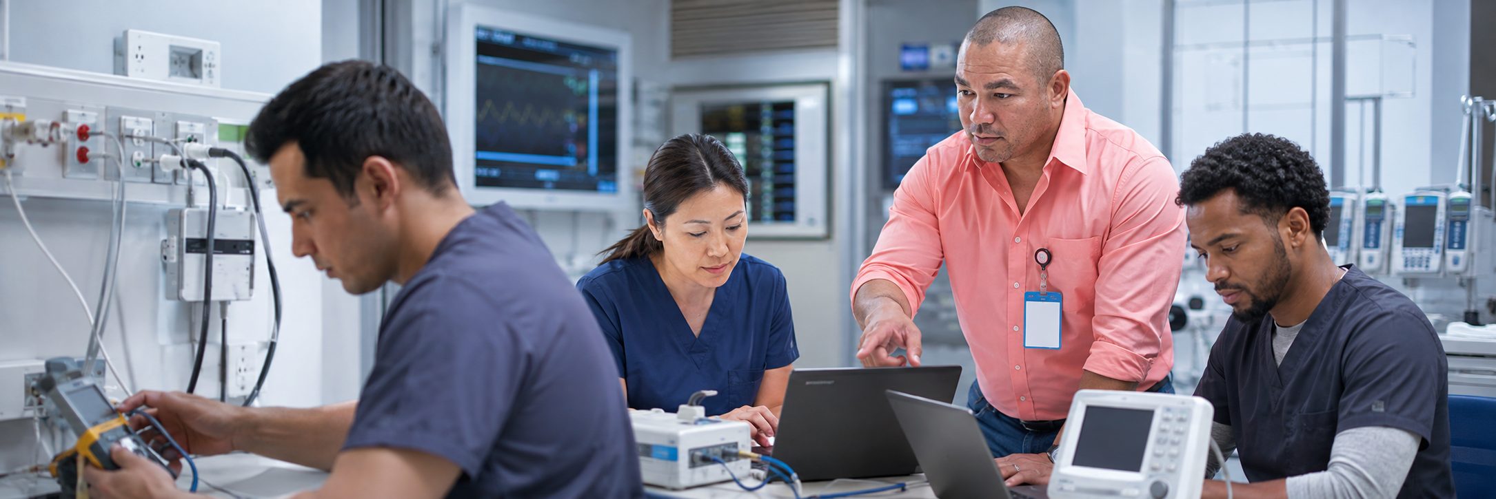 Infusion pump preventive maintenance and calibration | BiomedRx HTM services Biomedical technicians performing infusion pump preventive maintenance in an infusion suite