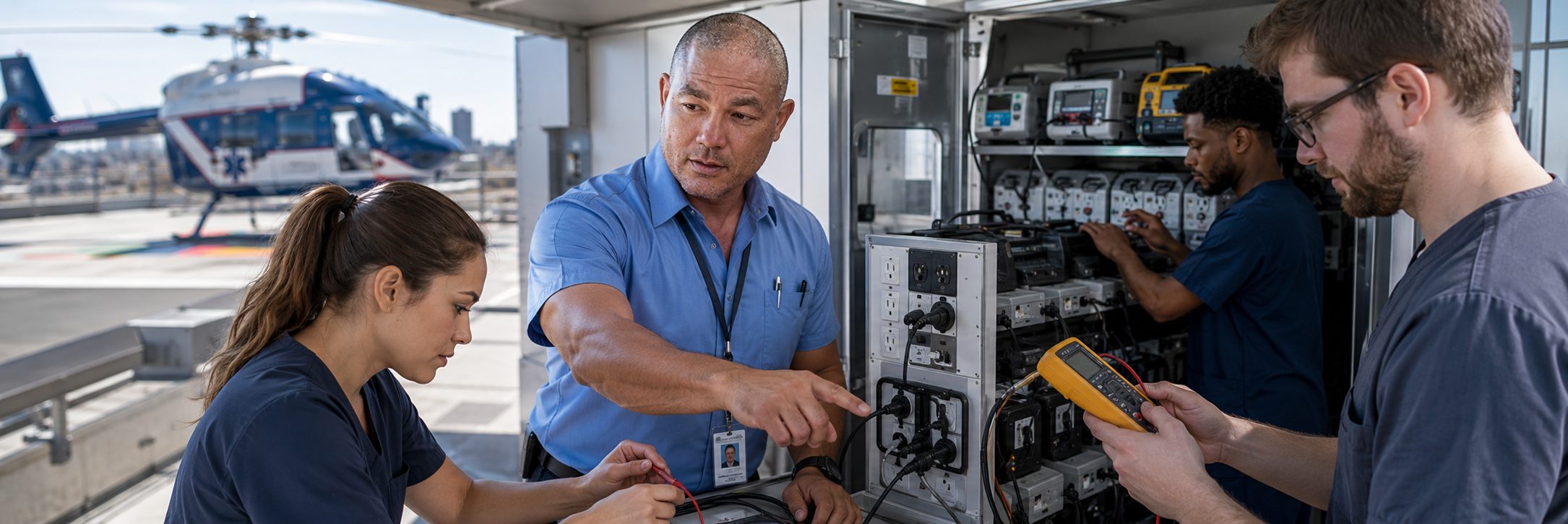 Infusion pump preventive maintenance and calibration | BiomedRx HTM services Biomedical technicians performing infusion pump preventive maintenance in an infusion suite
