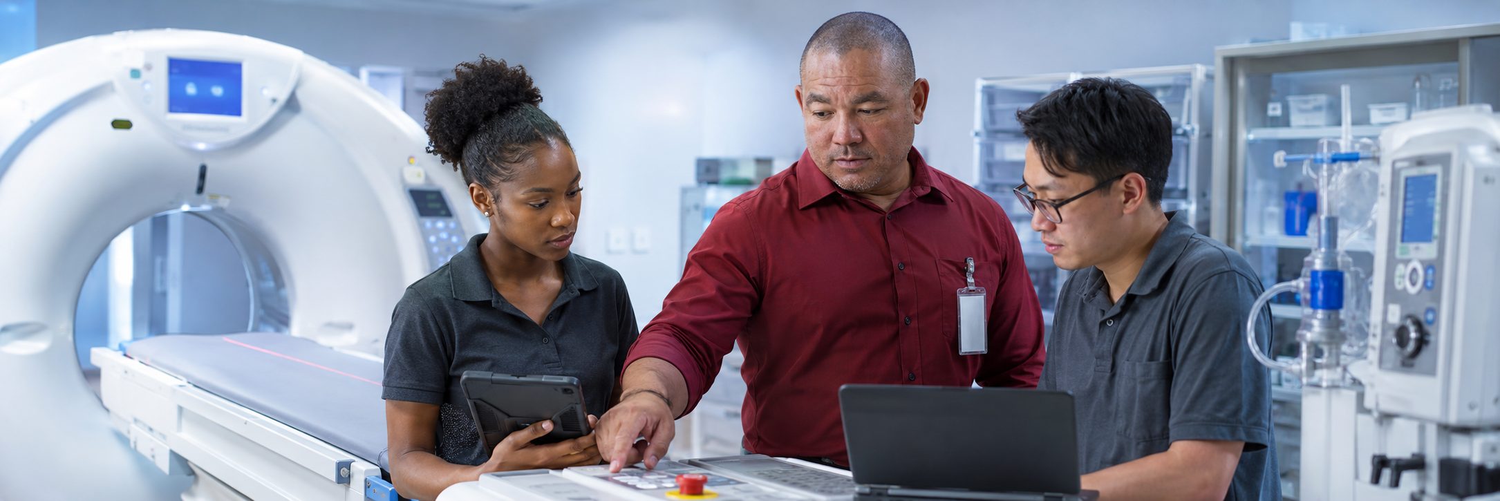 Operating room surgical light inspection and service | BiomedRx HTM services HTM technicians inspecting operating room surgical lights during scheduled service