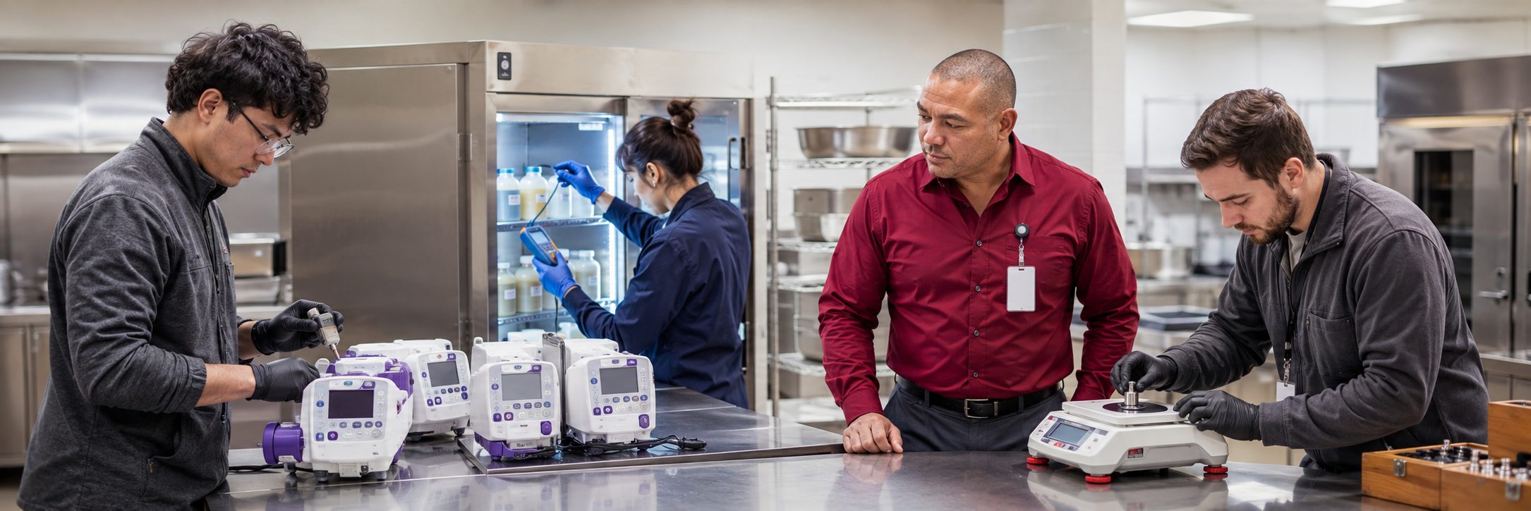 Operating room surgical light inspection and service | BiomedRx HTM services HTM technicians inspecting operating room surgical lights during scheduled service