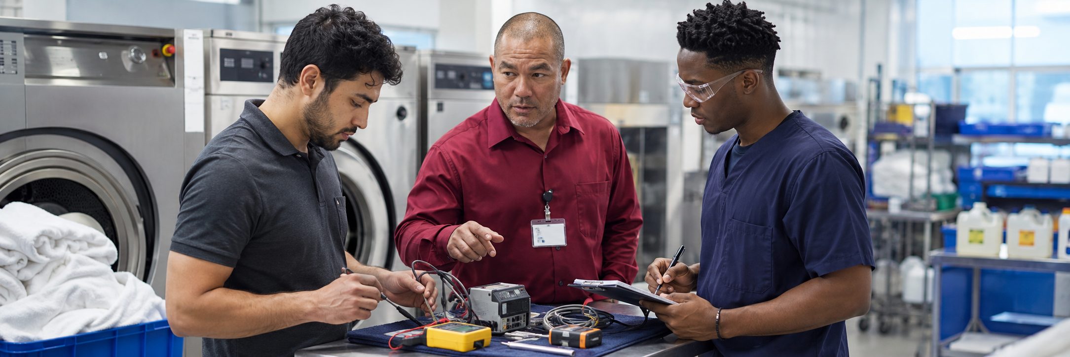Operating room surgical light inspection and service | BiomedRx HTM services HTM technicians inspecting operating room surgical lights during scheduled service