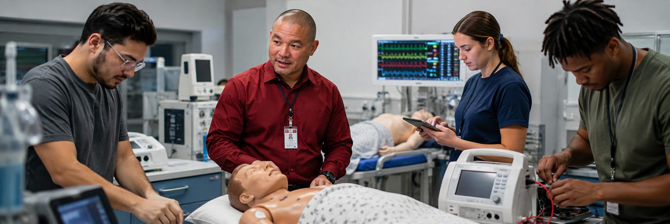 Operating room surgical light inspection and service | BiomedRx HTM services HTM technicians inspecting operating room surgical lights during scheduled service
