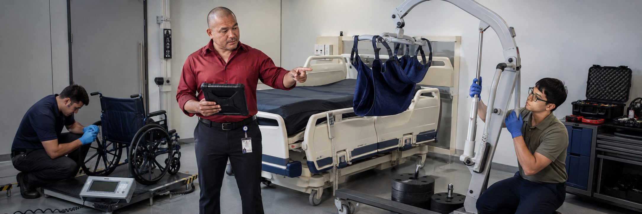 Operating room surgical light inspection and service | BiomedRx HTM services HTM technicians inspecting operating room surgical lights during scheduled service