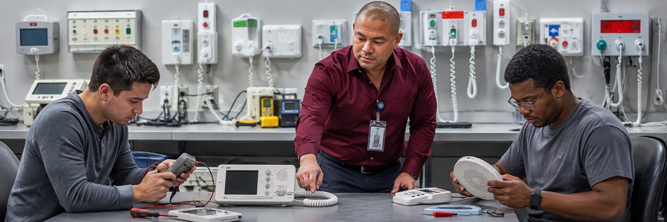Operating room surgical light inspection and service | BiomedRx HTM services HTM technicians inspecting operating room surgical lights during scheduled service