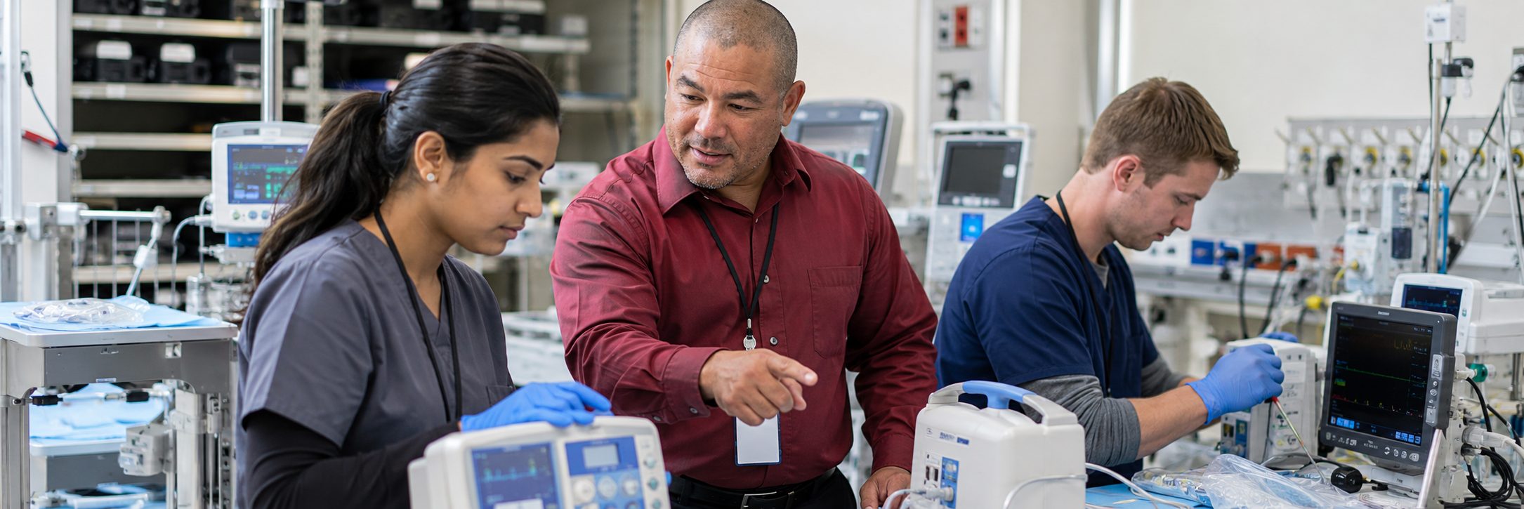 Operating room surgical light inspection and service | BiomedRx HTM services HTM technicians inspecting operating room surgical lights during scheduled service
