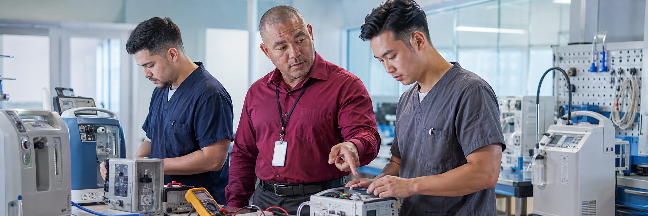 Operating room surgical light inspection and service | BiomedRx HTM services HTM technicians inspecting operating room surgical lights during scheduled service