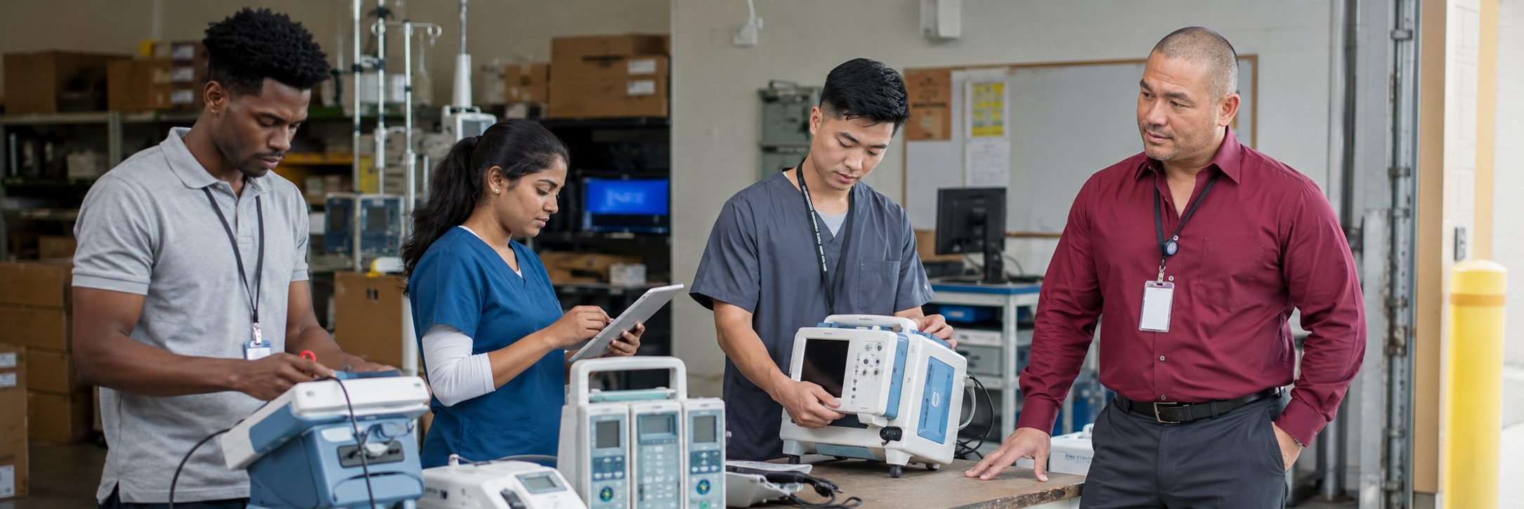 Operating room surgical light inspection and service | BiomedRx HTM services HTM technicians inspecting operating room surgical lights during scheduled service